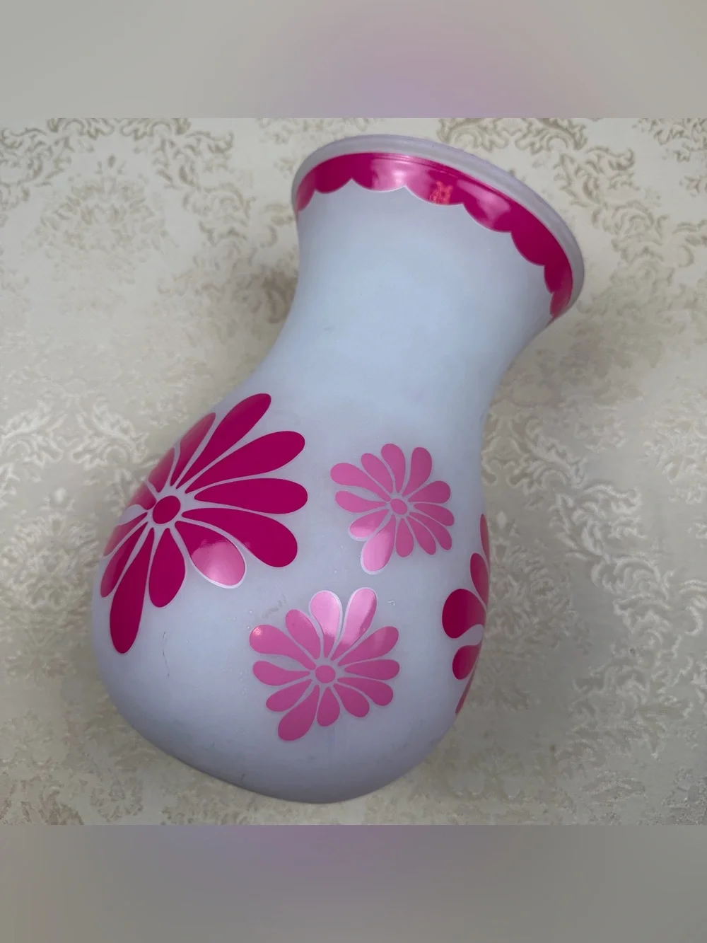 White Large Vase with Bright Pink Daisy Pattern - Home Accent